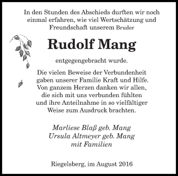 Todesanzeige von Rudolf Mang von saarbruecker_zeitung