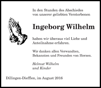 Todesanzeige von Ingeborg Wilhelm von saarbruecker_zeitung