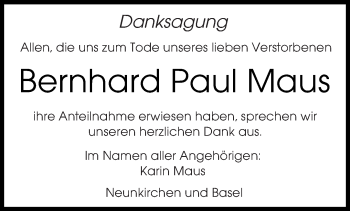 Todesanzeige von Bernhard Paul Maus von saarbruecker_zeitung