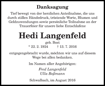 Todesanzeige von Hedi Langenfeld von saarbruecker_zeitung