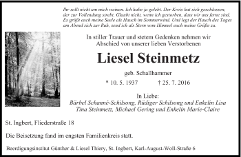 Todesanzeige von Liesel Steinmetz von saarbruecker_zeitung