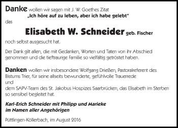 Todesanzeige von Elisabeth W. Schneider von saarbruecker_zeitung