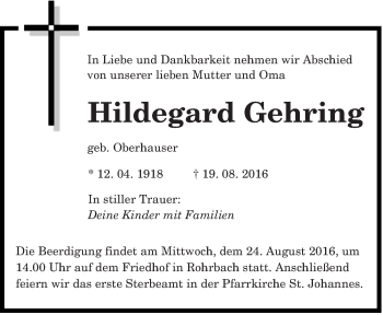 Todesanzeige von Hildegard Gehring von saarbruecker_zeitung