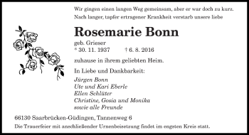 Todesanzeige von Rosemarie Bonn von saarbruecker_zeitung