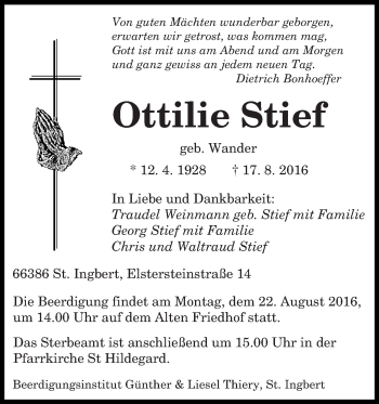 Todesanzeige von Ottilie Stief von saarbruecker_zeitung