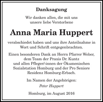 Todesanzeige von Anna Maria Huppert von saarbruecker_zeitung