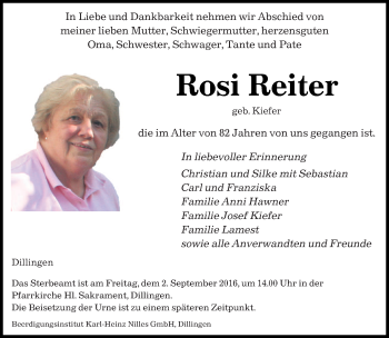 Todesanzeige von Rosi Reiter von saarbruecker_zeitung