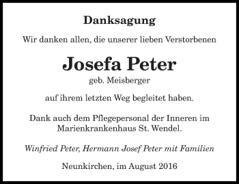 Todesanzeige von Josefa Peter von saarbruecker_zeitung