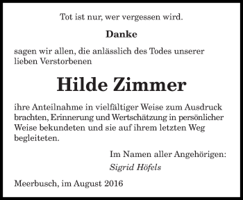 Todesanzeige von Hilde Zimmer von saarbruecker_zeitung