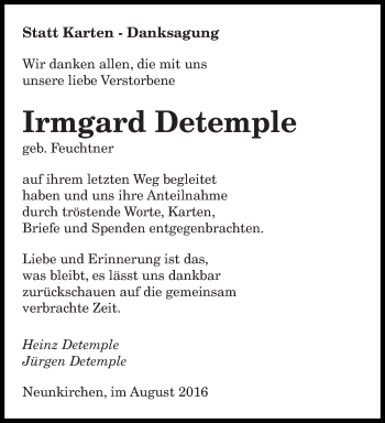 Todesanzeige von Irmgard Detemple von saarbruecker_zeitung