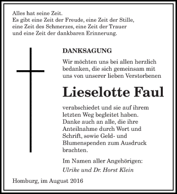 Todesanzeige von Lieselotte Faul von saarbruecker_zeitung