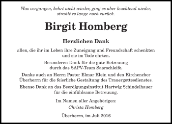 Todesanzeige von Birgit Homberg von saarbruecker_zeitung