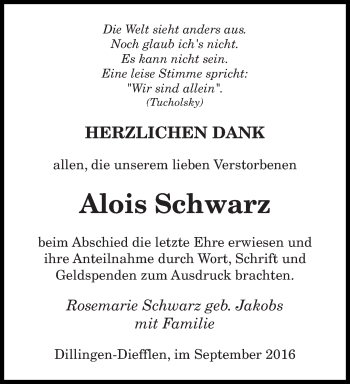 Todesanzeige von Alois Schwarz von saarbruecker_zeitung