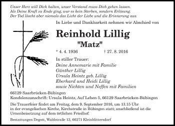 Todesanzeige von Reinhold Lillig von saarbruecker_zeitung