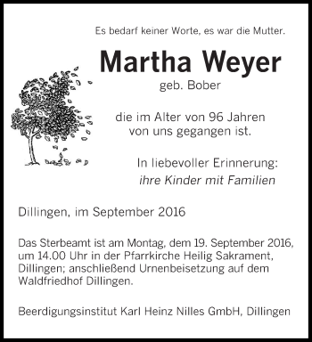 Todesanzeige von Martha Weyer von saarbruecker_zeitung