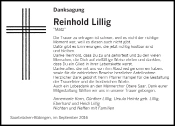 Todesanzeige von Reinhold Lillig von saarbruecker_zeitung