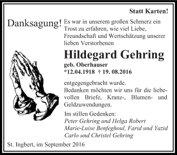 Todesanzeige von Hildegard Gehring von saarbruecker_zeitung