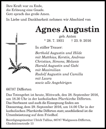 Todesanzeige von Agnes Augustin von saarbruecker_zeitung