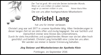 Todesanzeige von Christel Lang von saarbruecker_zeitung