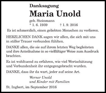 Todesanzeige von Maria Unold von saarbruecker_zeitung