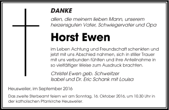 Todesanzeige von Horst Ewen von saarbruecker_zeitung
