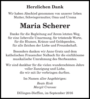 Todesanzeige von Maria Scherer von saarbruecker_zeitung