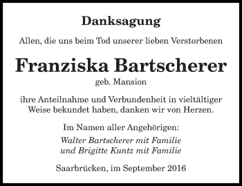 Todesanzeige von Franziska Bartscherer von saarbruecker_zeitung