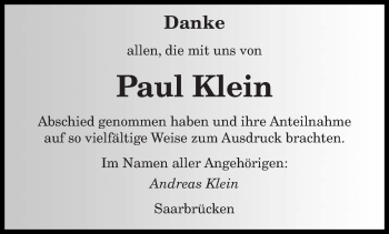 Todesanzeige von Paul Klein von saarbruecker_zeitung