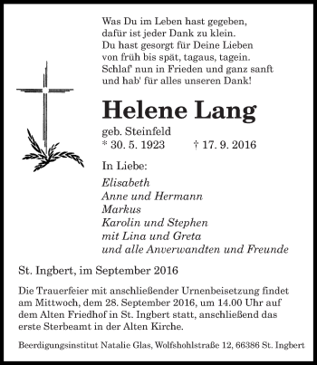 Todesanzeige von Helene Lang von saarbruecker_zeitung