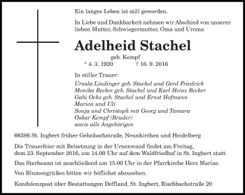 Todesanzeige von Adelheid Stachel von saarbruecker_zeitung