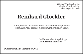 Todesanzeige von Reinhard Glöckler von saarbruecker_zeitung