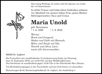 Todesanzeige von Maria Unold von saarbruecker_zeitung