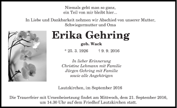 Todesanzeige von Erika Gehring von saarbruecker_zeitung