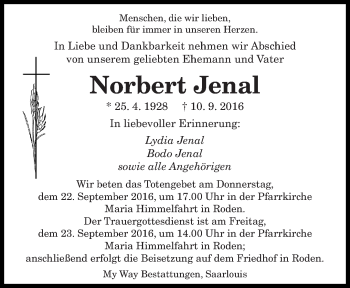 Todesanzeige von Norbert Jenal von saarbruecker_zeitung