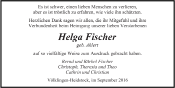 Todesanzeige von Helga Fischer von saarbruecker_zeitung