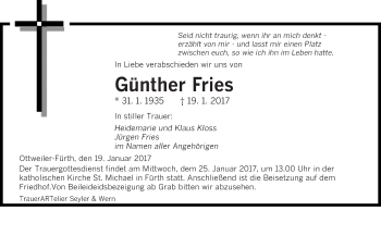 Todesanzeige von Günther Fries von saarbruecker_zeitung