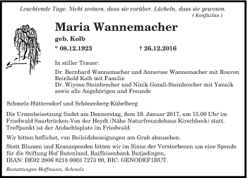 Todesanzeige von Maria Wannemacher von saarbruecker_zeitung