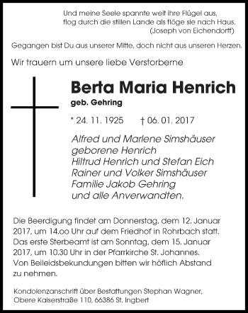 Todesanzeige von Berta Maria Henrich von saarbruecker_zeitung