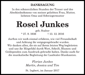 Todesanzeige von Rosel Junkes von saarbruecker_zeitung
