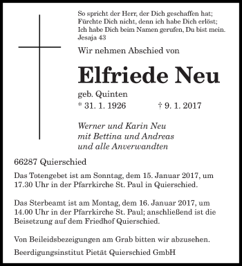 Todesanzeige von Elfriede Neu von saarbruecker_zeitung