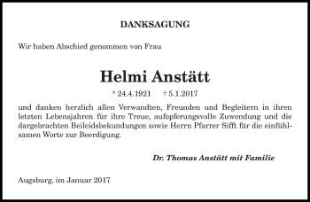 Todesanzeige von Helmi Anstätt von saarbruecker_zeitung