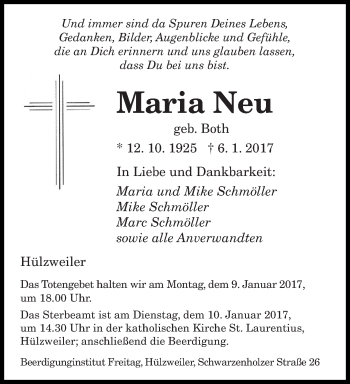 Todesanzeige von Maria Neu von saarbruecker_zeitung