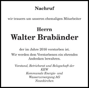 Todesanzeige von Walter Brabänder von saarbruecker_zeitung