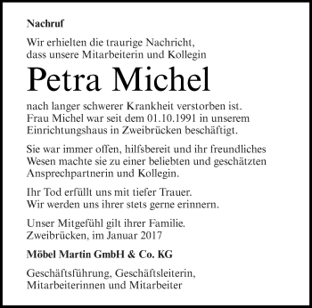 Todesanzeige von Petra Michel von saarbruecker_zeitung