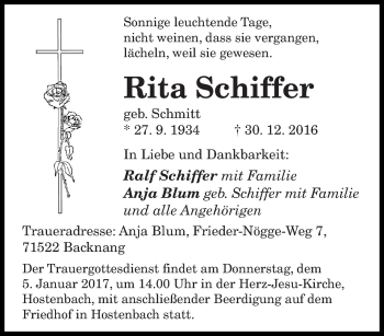 Todesanzeige von Rita Schiffer von saarbruecker_zeitung