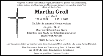 Todesanzeige von Martha Groß von saarbruecker_zeitung