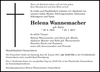 Todesanzeige von Helena Wannemacher von saarbruecker_zeitung