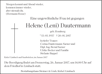 Todesanzeige von Helene Dautermann von saarbruecker_zeitung