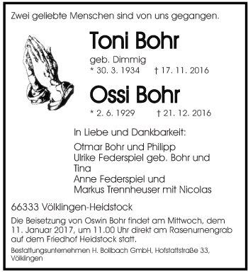 Todesanzeige von Toni und Ossi Bohr von saarbruecker_zeitung