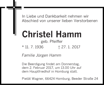 Todesanzeige von Christel Hamm von saarbruecker_zeitung